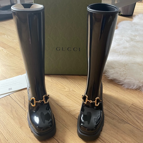 Gucci Shoes - Women's Black Rubber Knee - High Gucci Boot With Horsebit